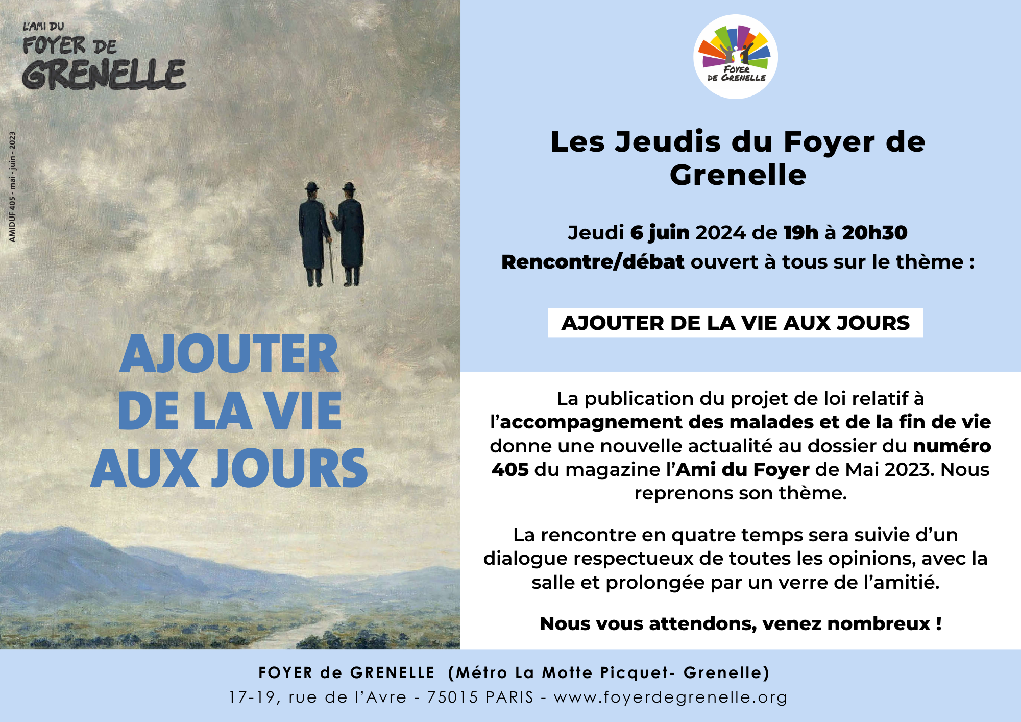 Invitation au débat : Ajouter de la vie aux jours - Foyer de Grenelle